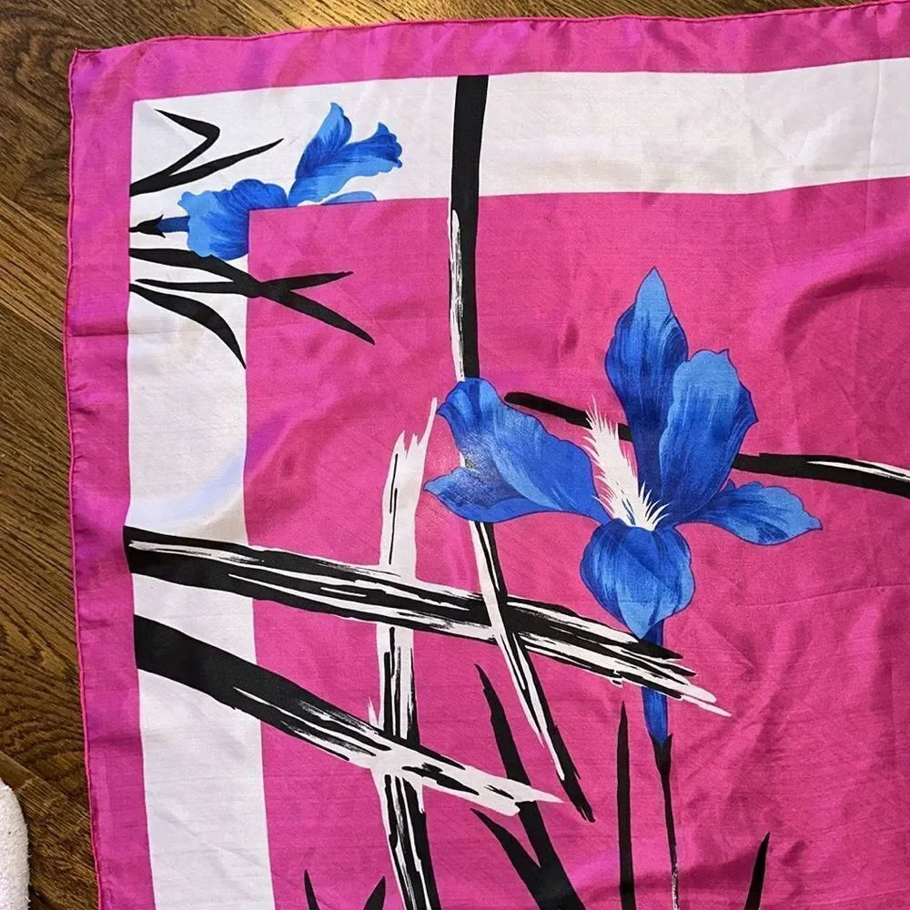 Lovely vintage bright‎ pink, white & black large scarf with blue irises
